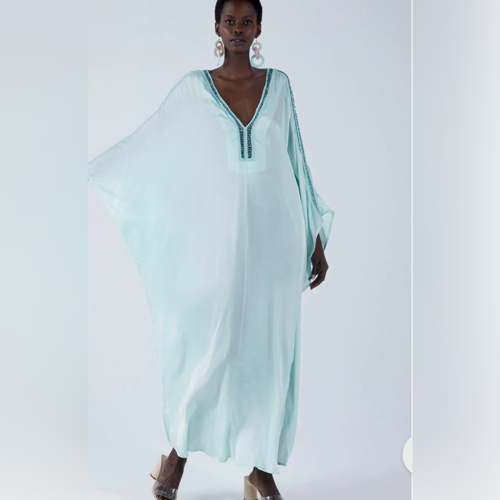 NWT my beachy side Elegant Aqua Kaftan with hand stitched jewel details